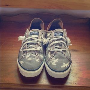 Grey and white slip on sperry’s